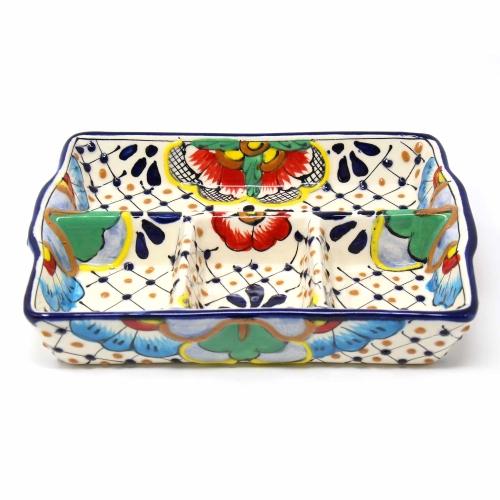Handmade Pottery 9" Divided Platter, Dots & Flowers - Encantada - TheHomeToGo