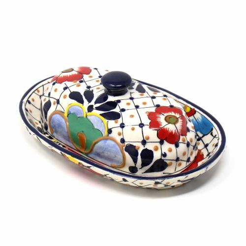 Handmade Pottery Butter Dish, Dots & Flowers - Encantada - TheHomeToGo