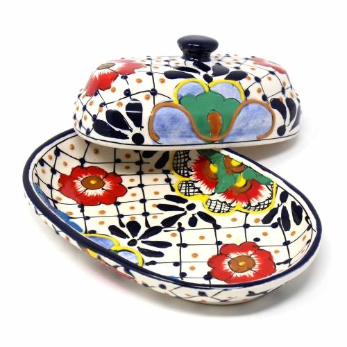 Handmade Pottery Butter Dish, Dots & Flowers - Encantada - TheHomeToGo