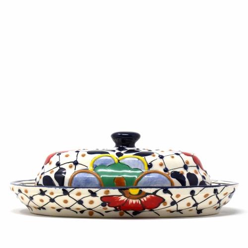 Handmade Pottery Butter Dish, Dots & Flowers - Encantada - TheHomeToGo