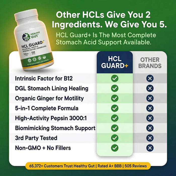 HCL Guard - Betaine HCl and Digestive Enzymes comparison chart highlighting benefits and features from Healthy Gut.