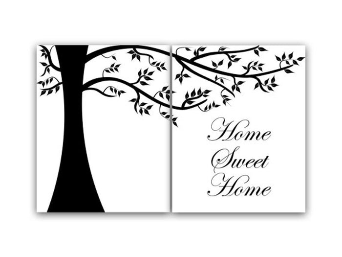 A 2-panel art print with a white background featuring a hand-drawn, black tree silhouette and the phrase 'Home Sweet Home' written on it in a black, cursive script in the lower right hand area.