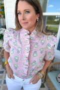 Karlie: French Floral Ruffle Front Puff Sleeve Top
