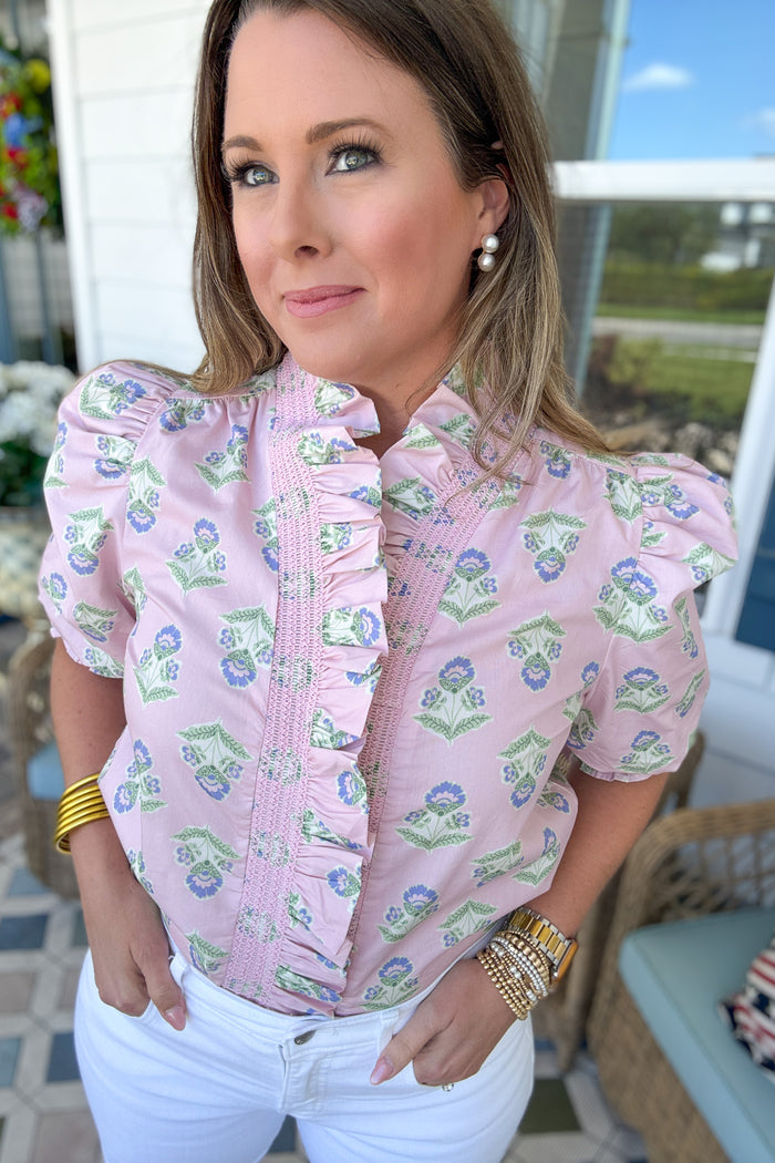 Karlie: French Floral Ruffle Front Puff Sleeve Top