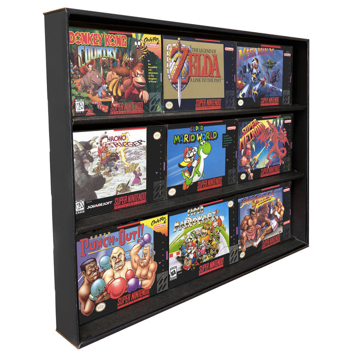 KUBBIE SNES (3 Row) - Display Case for Super Nintendo Games, Wall Mountable & Stackable Shelf (Cardboard)