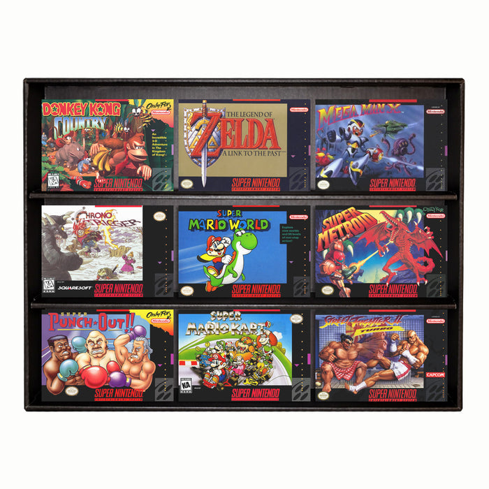 KUBBIE SNES (3 Row) - Display Case for Super Nintendo Games, Wall Mountable & Stackable Shelf (Cardboard)