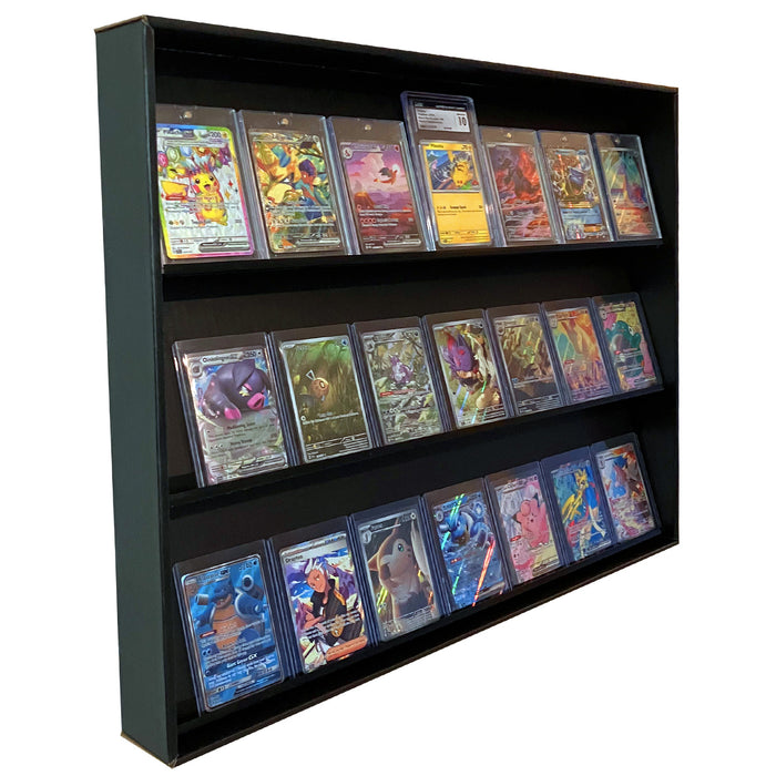KUBBIE TCG BLACK (3 Row) - Display Case for Trading Cards, Wall Mountable & Stackable Shelf Cardboard - Fits Top Loaders, Magnetic Cases, Graded Cases - Beckett BGS, CGC, PSA - The most cost effective and ECO friendly solution for displaying your TCG collection whether it be Pokemon TCG, Magic the Gathering TCG, One Piece TCG, Yu-Gi-Oh! TCG, Lorcana, Union Arena, Sports Cards or Art Cards.