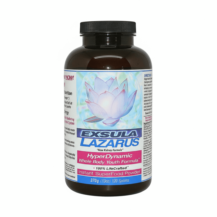 Exsula Lazarus Cellular Rejuvenation Superfood bottle showcasing the whole body youth formula.