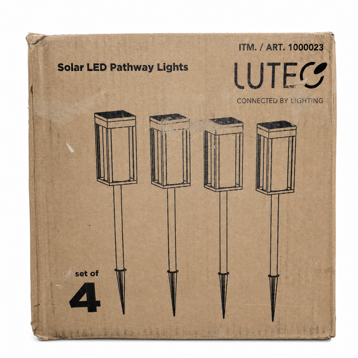 LUTEC Solar LED Pathway Lights four-pack item 1000023 in worn brown retail carton