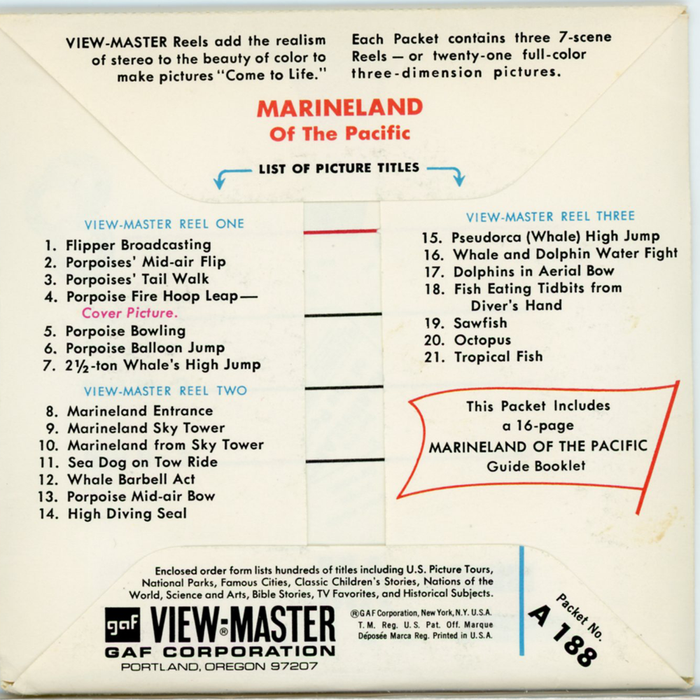 Marineland - of the Pacific - A188 - Vintage Classic View-Master - 3 Reel Packet - 1960s Views