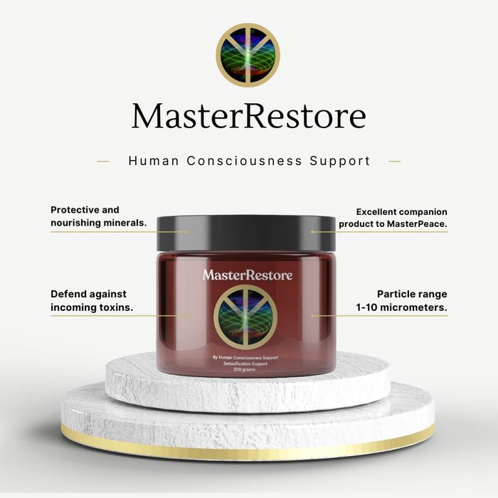 MasterRestore container showcasing Advanced Systemic Detox for human consciousness support and protection against toxins.