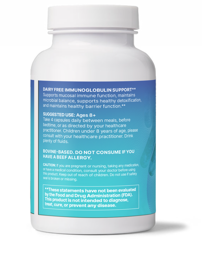 Mega IgG2000 bottle showing serum derived immunoglobulin for immune support, dairy free formula.
