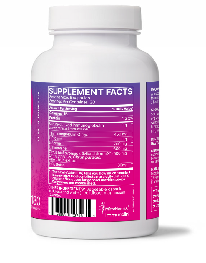 MegaMucosa supplement facts showing Immune and Mucosal Barrier Support ingredients in capsule form.