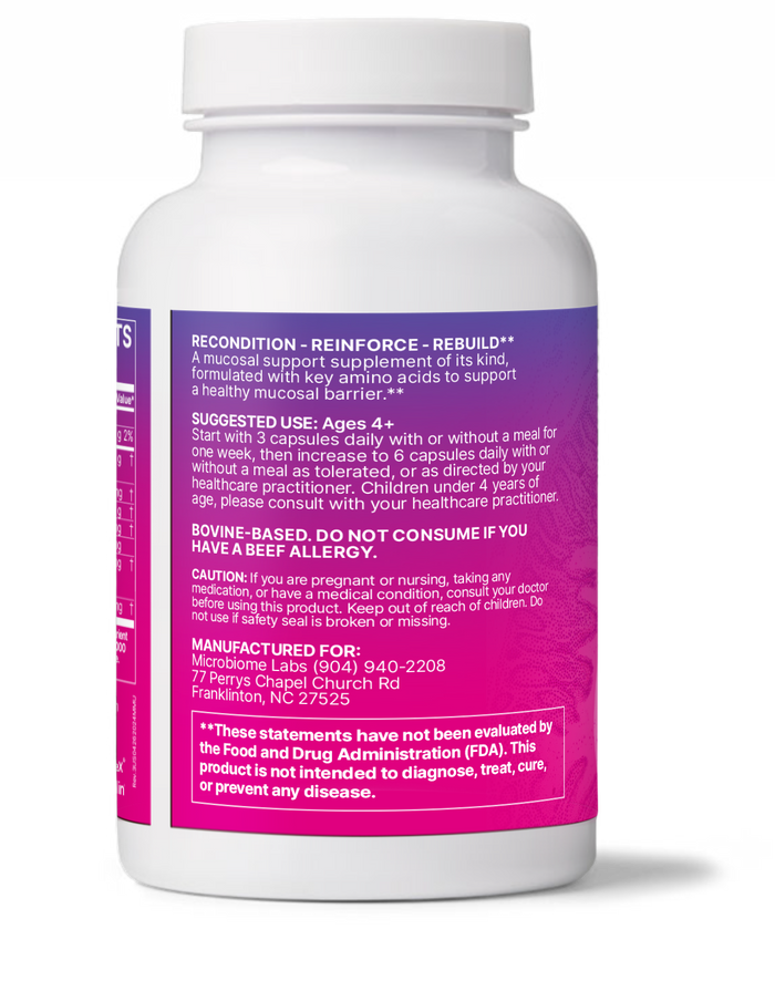 MegaMucosa dietary supplement bottle for Immune and Mucosal Barrier Support, featuring capsules for gut health.
