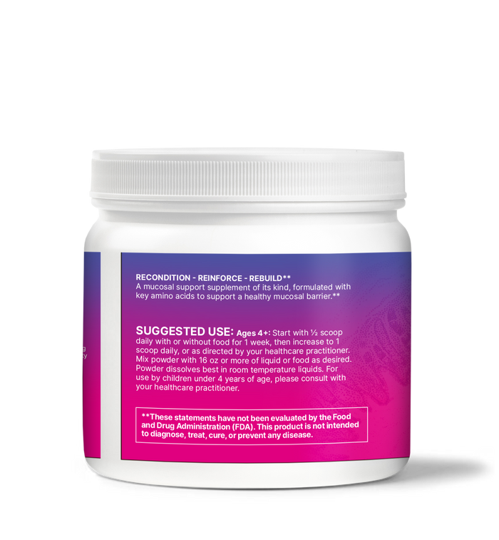 MegaMucosa product container showcasing Immune and Mucosal Barrier Support supplement details and suggested use.