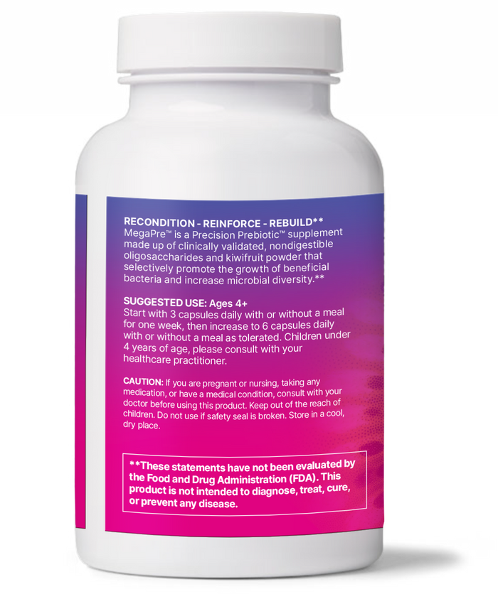 MegaPre product bottle featuring Precision Prebiotics for Microbiome Diversity and Digestive Health.