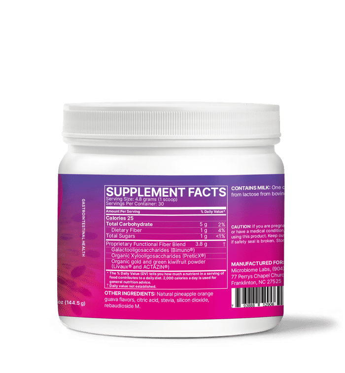 MegaPre supplement container featuring Supplement Facts for Precision Prebiotics for Microbiome Diversity and Digestive Health.