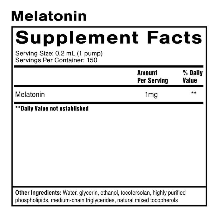 Melatonin supplement facts label showing dosage and ingredients for Nanoemulsified Sleep Supplement.