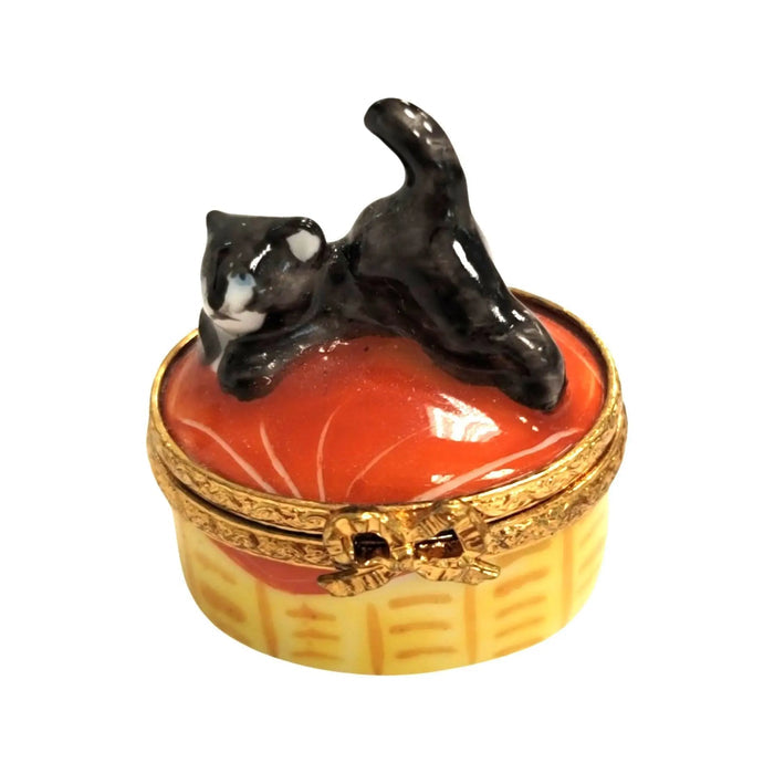 Miniature Black Cat Limoges box, hand-painted porcelain made in France