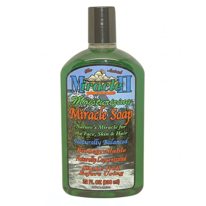 Moisturizing Miracle Soap bottle with label highlighting Concentrated Plant Based Moisture for skin and hair care.