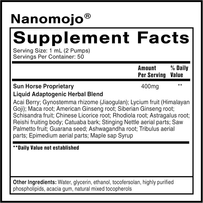 NanoMojo - Liposomal Adaptogen Blend for Men Supplement Facts showing herbal ingredients and nutritional information