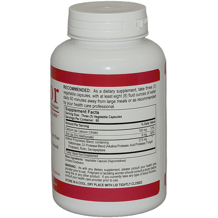 Naticor Proteolytic Enzyme Complex dietary supplement bottle with supplement facts label.