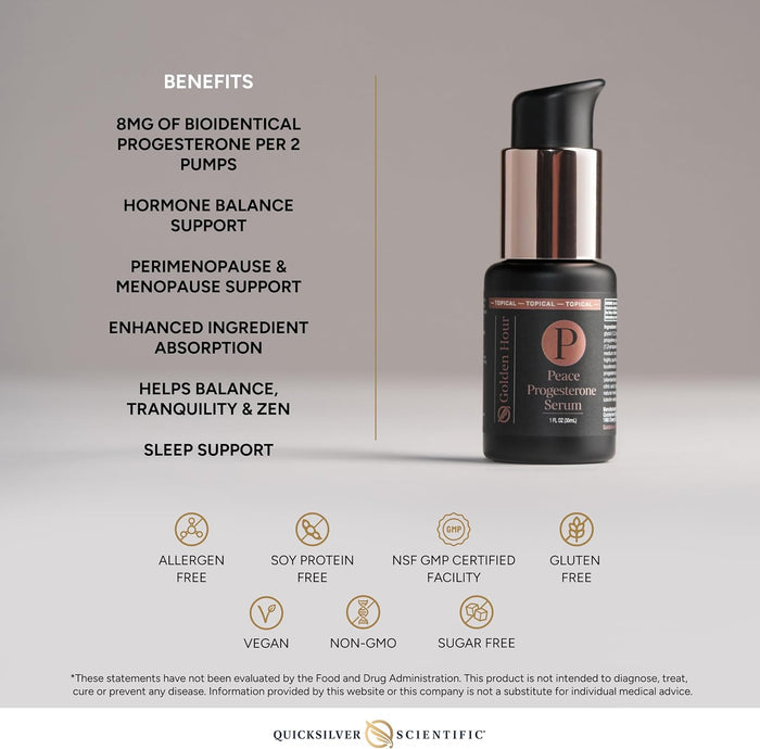Peace Serum bottle showcasing benefits of Bioidentical Progesterone, hormone balance, and perimenopause support.
