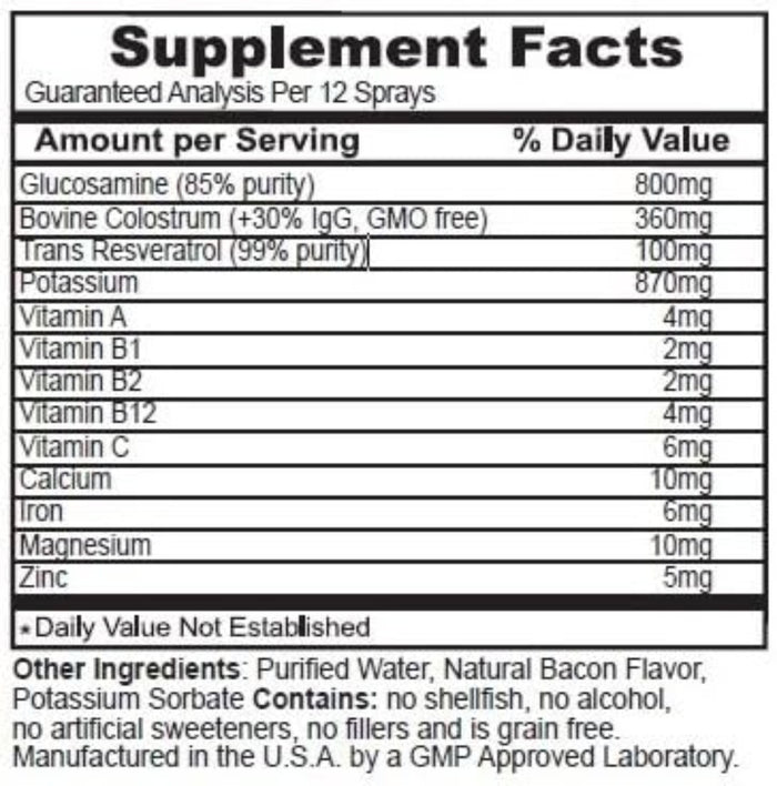 Supplement facts for Pet Longevity Support detailing ingredients and their amounts per serving.
