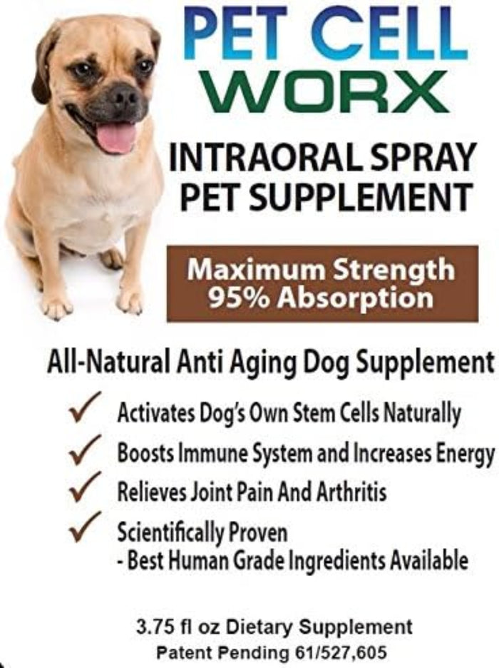 Pet Longevity Support: Pet Cell Worx intraoral spray supplement for dogs, boosts immune health and energy.