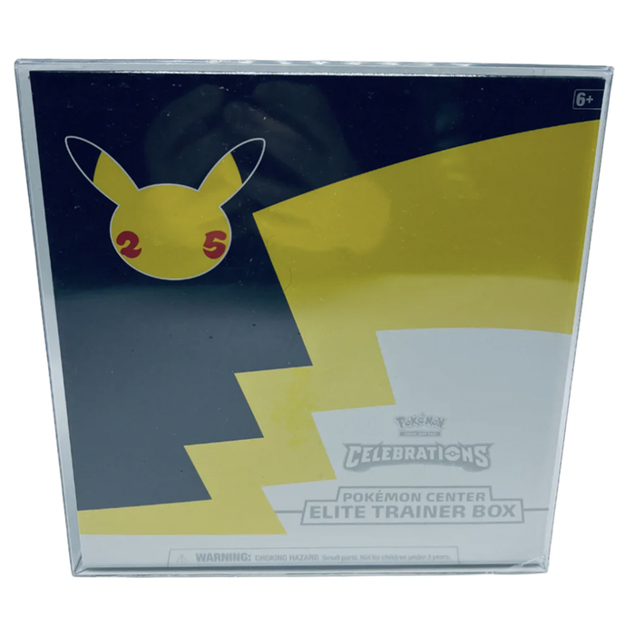 POKEMON TCG Celebrations 25th Anniversary Elite Trainer Box Protectors (50mm thick, UV & Scratch Resistant) 8.5h X 8.5w X 3.75d on The Pop Protector Guide App by Display Geek
