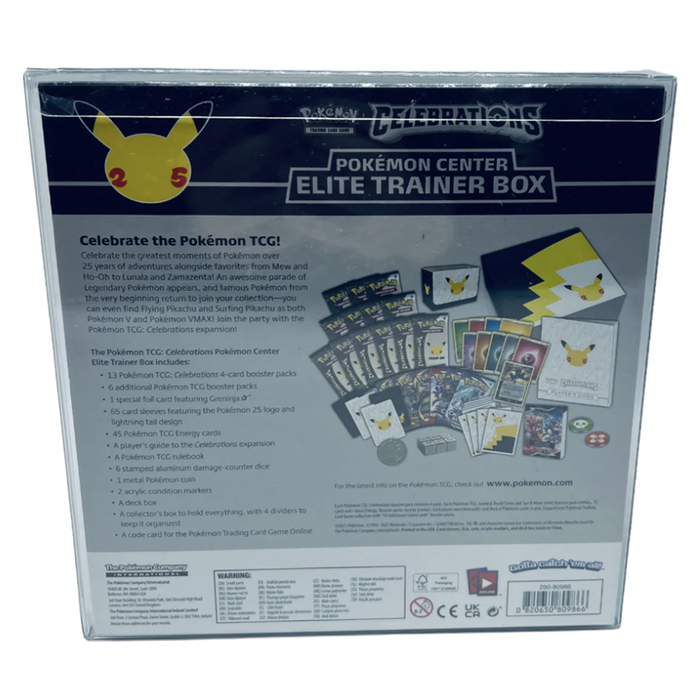 POKEMON TCG Celebrations 25th Anniversary Elite Trainer Box Protectors (50mm thick, UV & Scratch Resistant) 8.5h X 8.5w X 3.75d on The Pop Protector Guide App by Display Geek