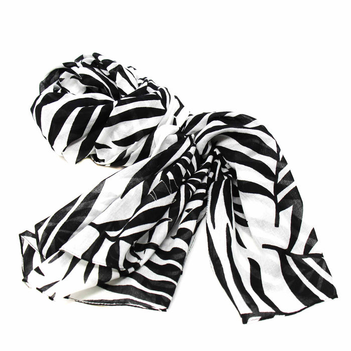 Printed Black and White Leaves Design Cotton Scarf - TheHomeToGo