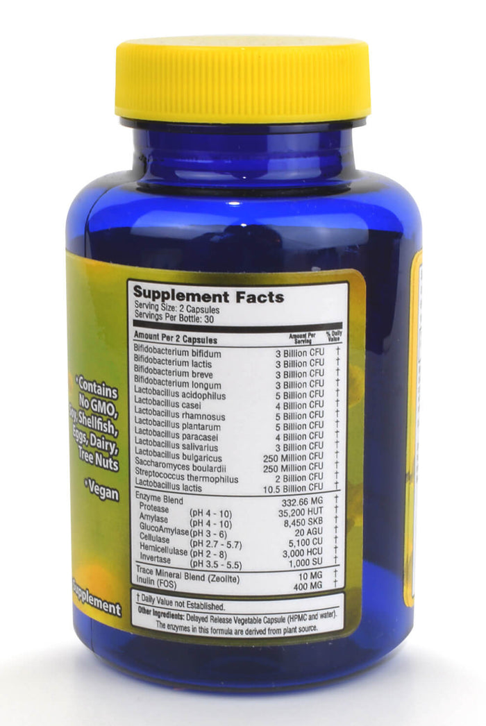Full spectrum probiotic supplement bottle showcasing supplement facts and 14 strains for gut health support.