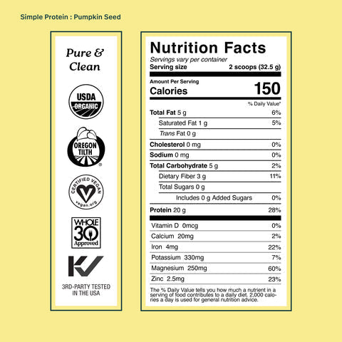 Nutrition facts for Organic Plant Protein Powder - Pumpkin Seed, showing serving size and nutritional content.