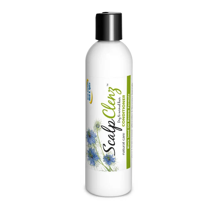 ScalpClenz Black Seed Oil Renew Conditioner, a natural conditioner for flaky itchy scalp, in a white bottle with blue floral design.