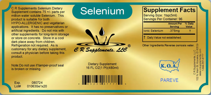 Selenium Ionic Liquid Mineral Supplement label featuring antioxidant and thyroid health information.