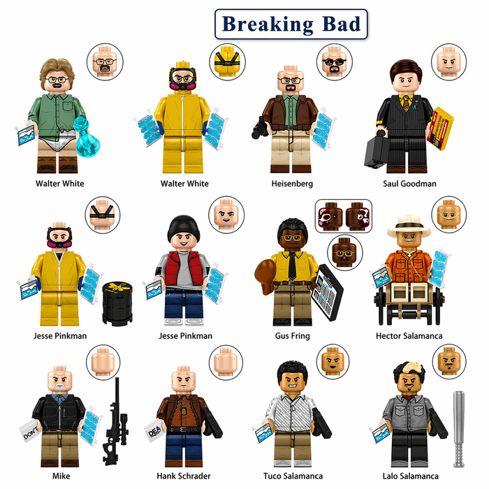 Set of 12 (Breaking Bad) - Custom Building Blocks Mini Figures Compatible with Brick Building System