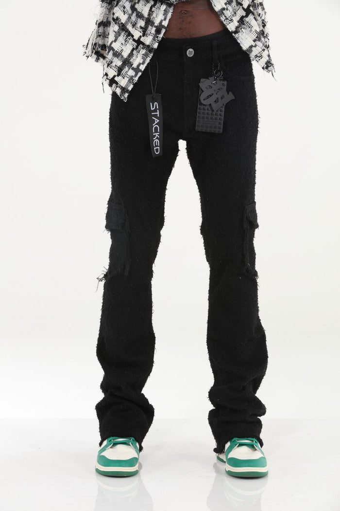 Stylo Rockstar Wool Black Stack Flare Jeans in a dark black color