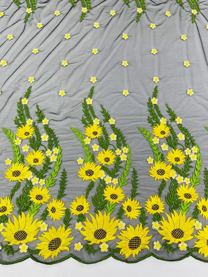 Sunflower Lace 3D Fabric - Black Mesh Sunflower Lace Design Fabrics Sold By Yard