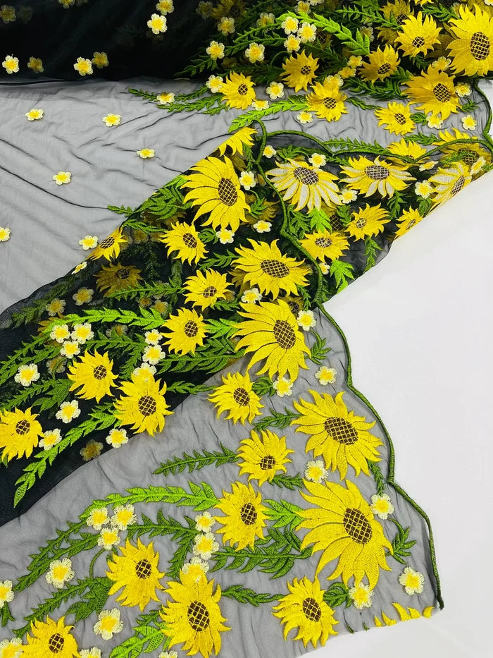 Sunflower Lace 3D Fabric - Black Mesh Sunflower Lace Design Fabrics Sold By Yard