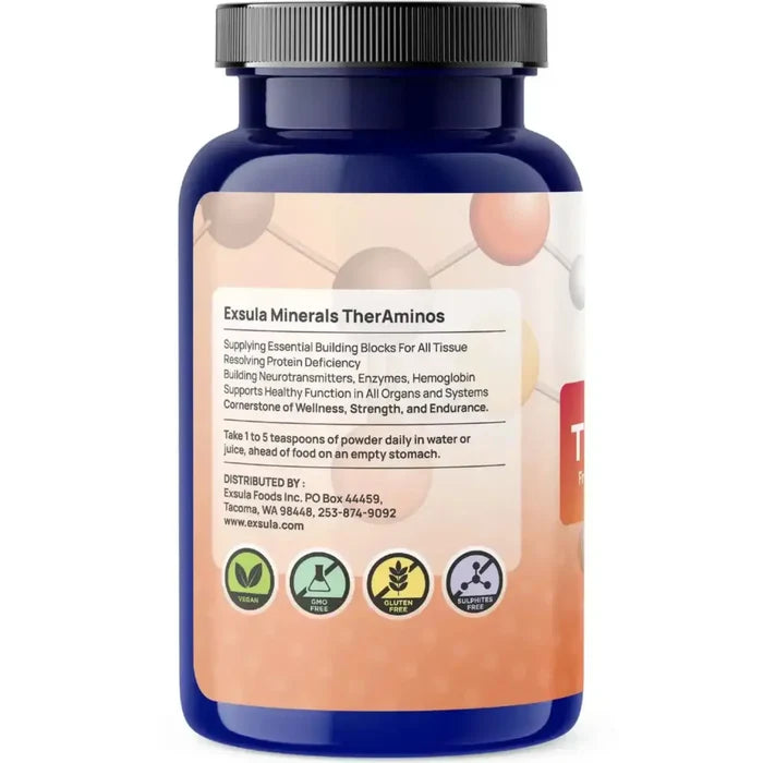 Exsula Minerals TherAminos Free Form Amino Acid Complex supplement bottle with description and usage instructions