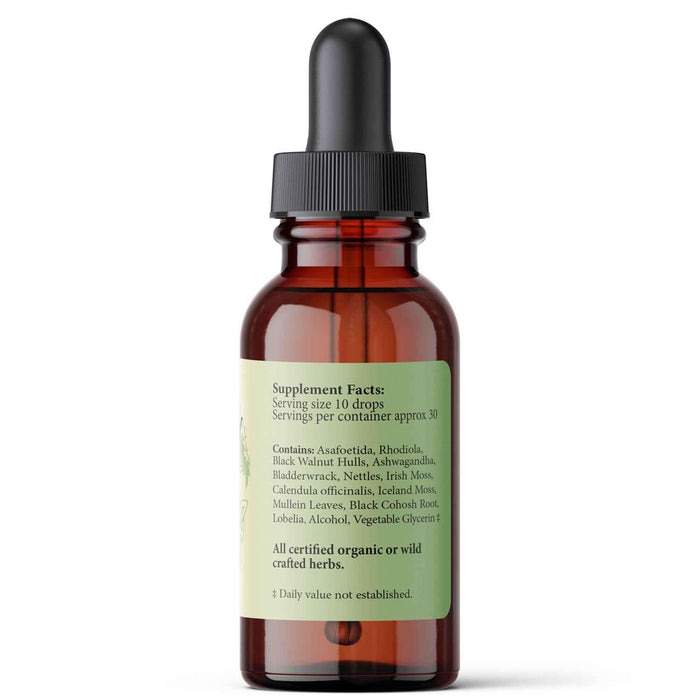 Thy-Ease liquid herbs for endocrine support supplement with dropper and ingredients list.