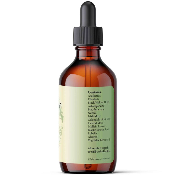 Thy-Ease liquid herbs for endocrine support ingredients list on the product label bottle.