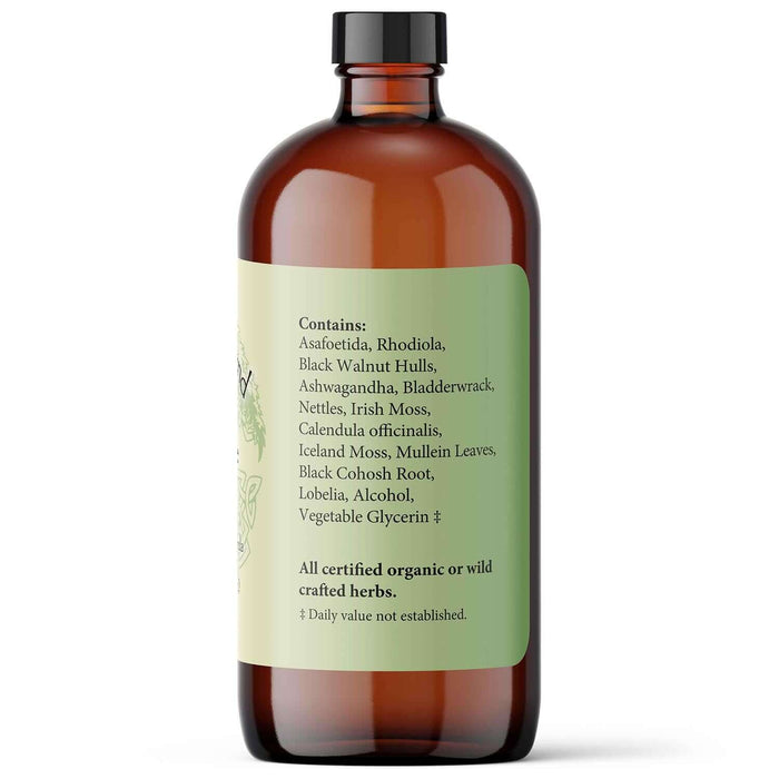 Thy-Ease liquid herbs for endocrine support, highlighting organic herbs and nutrients like Rhodiola and Ashwagandha.