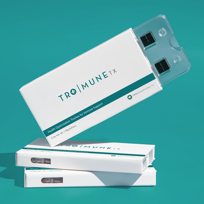 Tro Mune Buccal Troches for Immune Support packaging displayed on a teal background.