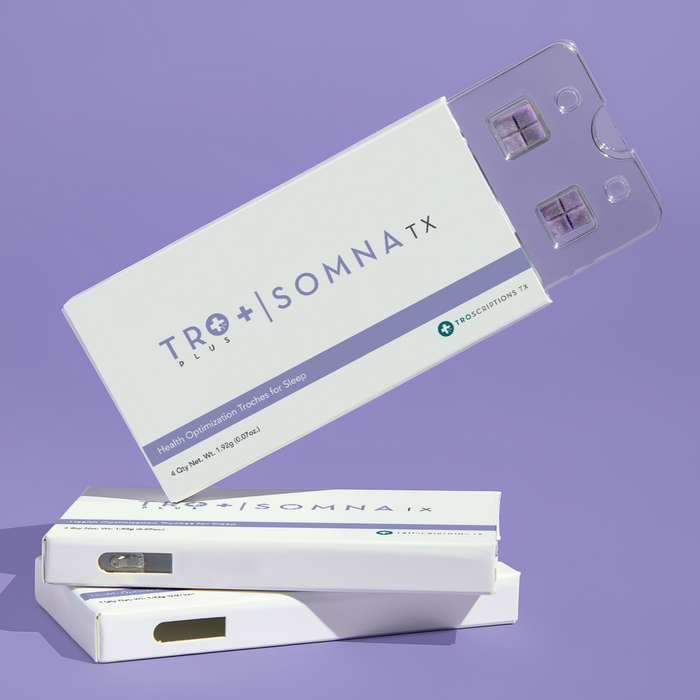 Tro+ Somna Buccal Troches for Sleep Support packaging displayed with a purple background.