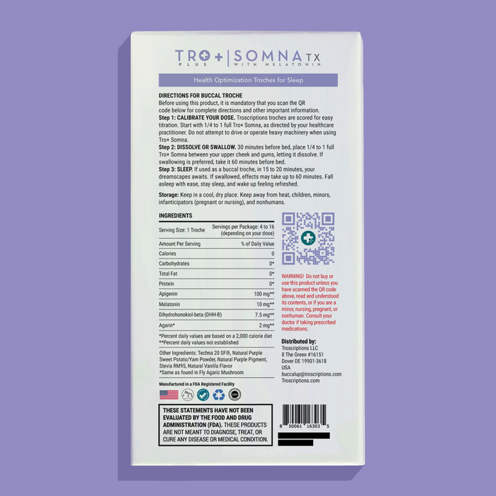 Tro+ Somna Buccal Troches for Sleep Support packaging with instructions and nutrition facts.