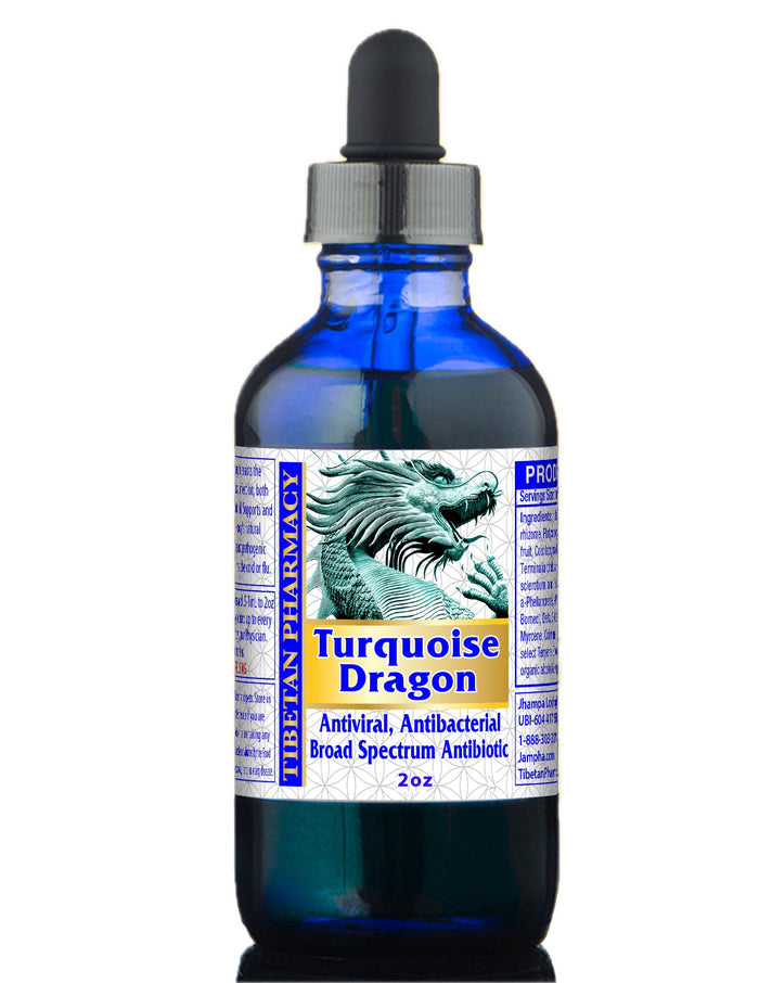 Turquoise Dragon Formula for Respiratory and Lung Health 2oz bottle with dropper, antiviral and antibacterial benefits.