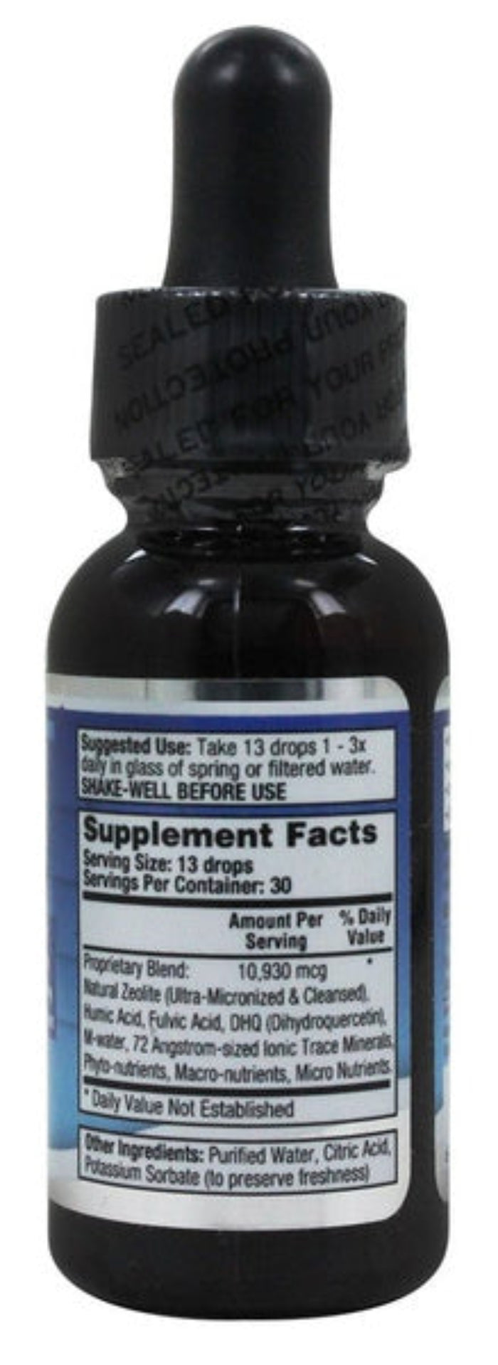 Bundle Ultra Liquid Zeolite supplement bottle with suggested use and supplement facts label.