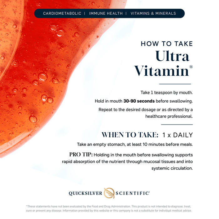 Instructions for taking Ultra Vitamin, featuring Nanoemulsified Multivitamins for optimal absorption.